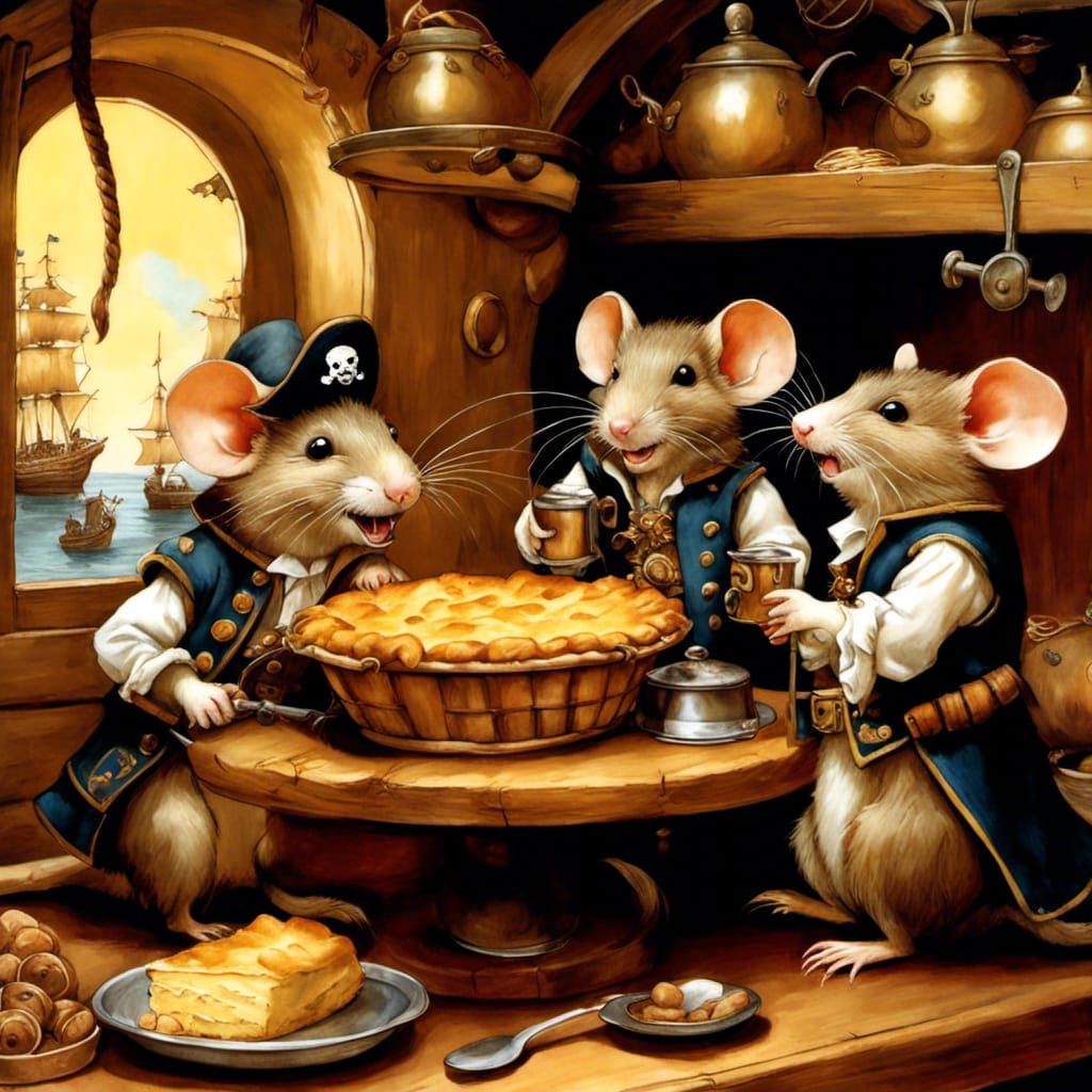 Pirate Rats Celebrate in Bakery, Storybook Illustration
