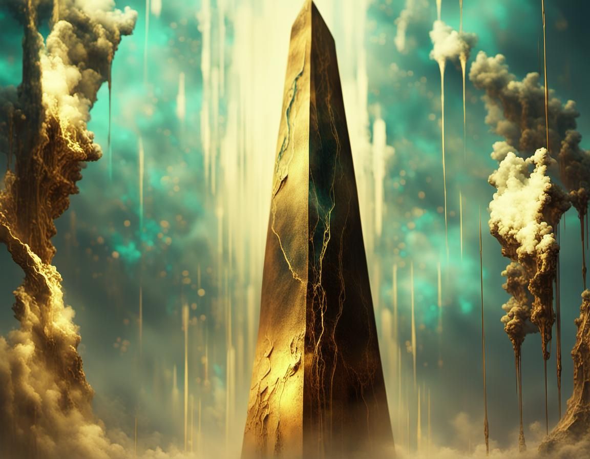 Gilded Bronze Obelisk Rises in Mystical Glitchcore Fantasy