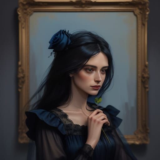 Dark Romanticism: Woman with Rose, Oil Painting