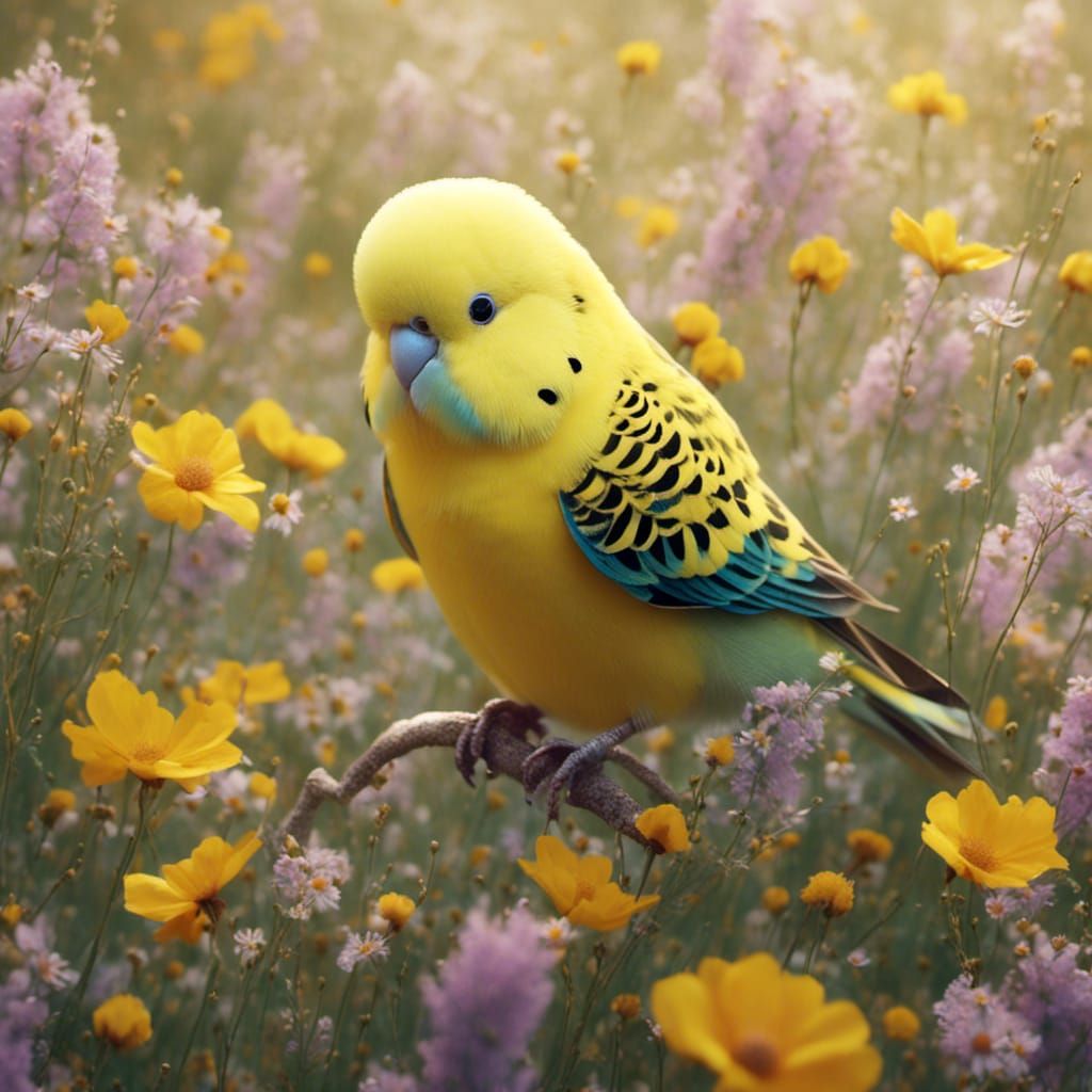 Yellow Budgie in Wildflower Field