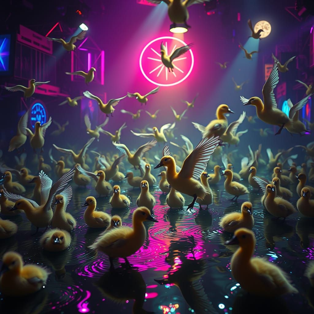 Ducklings Vibing in Surreal Nightclub Scene