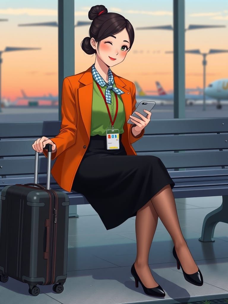 East Asian Flight Attendant in Studio Ghibli Style