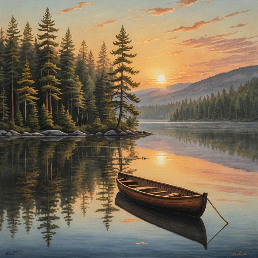 Sunset Rowboat on Tranquil Lake in Hudson River Style