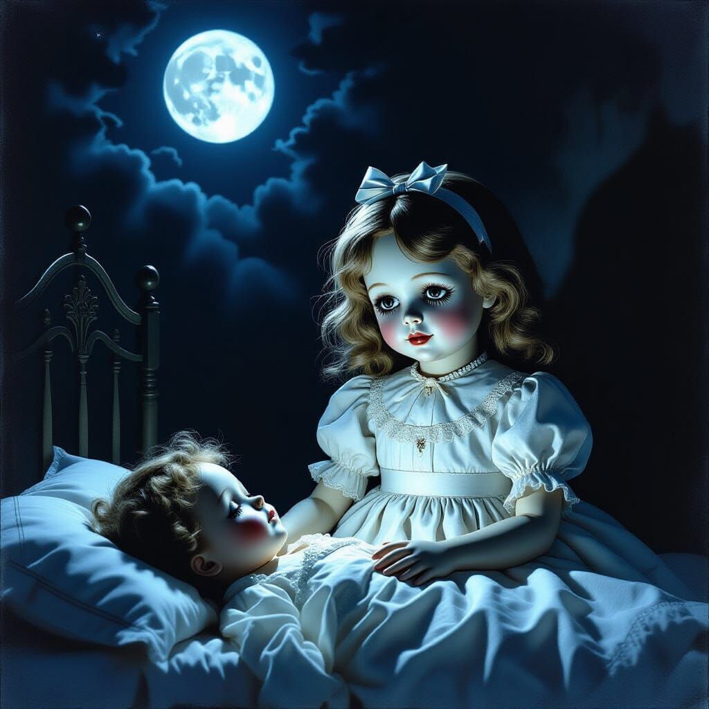 Creepy Gothic Nursery Doll Watches Sleeping Child
