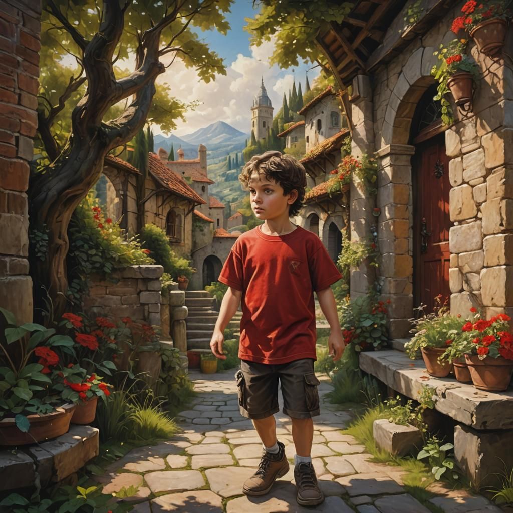 Child in Red T-Shirt: Oil Painting in Da Vinci Style