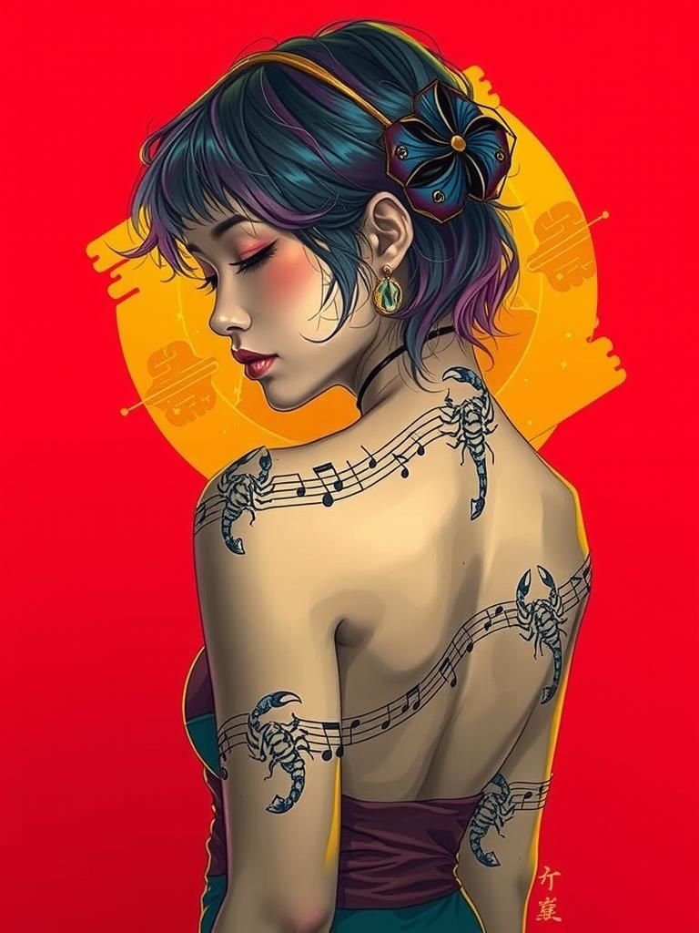 coloured portrait of a beautiful korean  girl with korean fa...