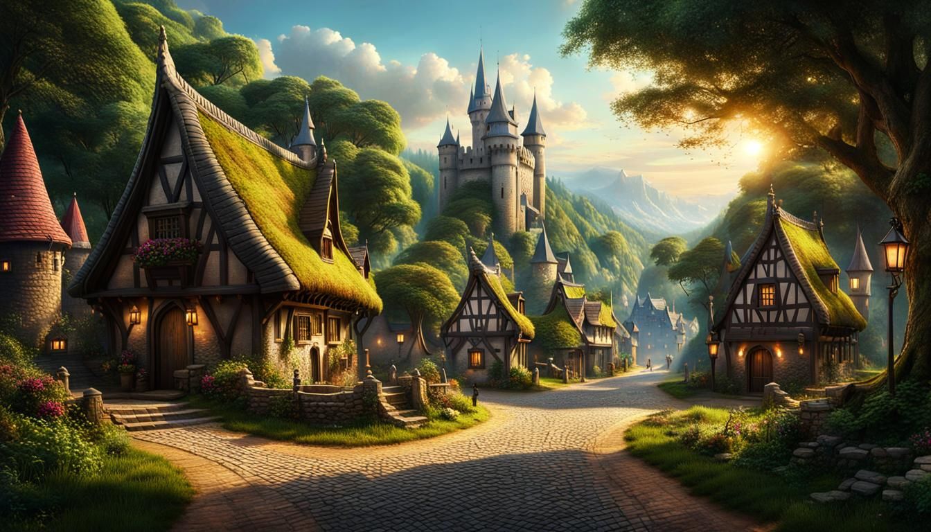 Epic Fantasy Village Road with Blacksmith and Fountain