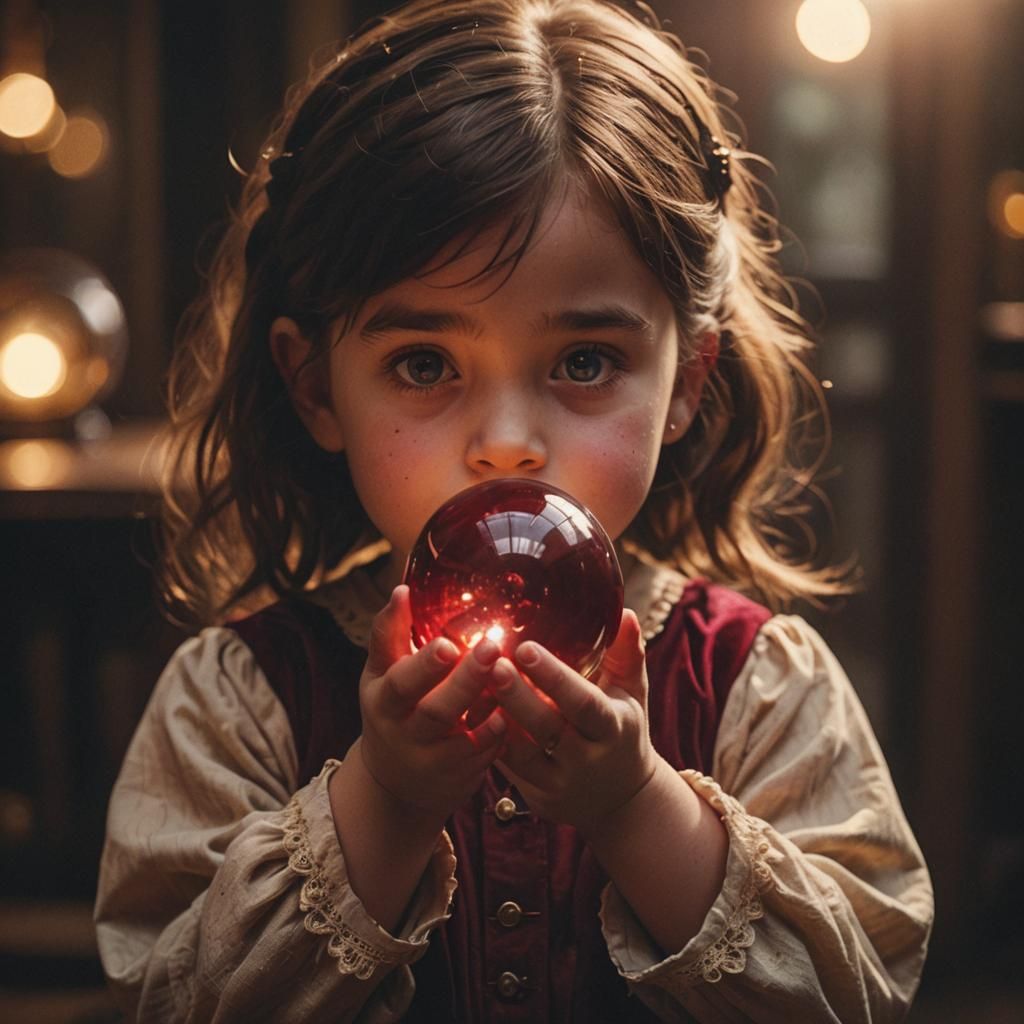 Girl Gazing at Ruby Ball in Golden Light