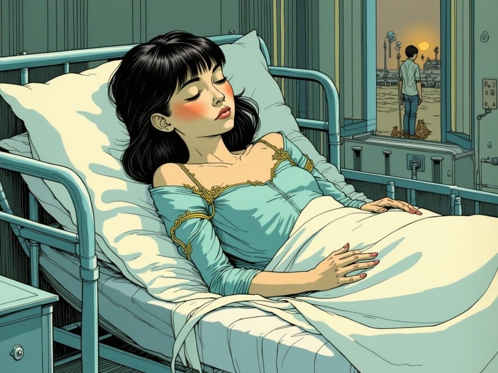 Girl Asleep in Art Deco Bed, Rackham Style