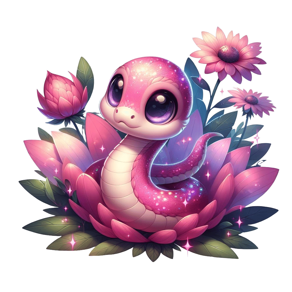 Sparkly Pink Baby Snake in a Magical Flower Garden