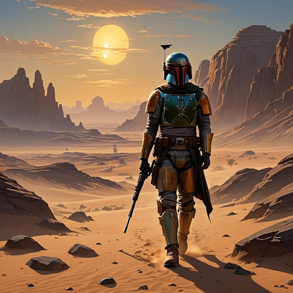 Boba Fett Walks Tatooine in Dreamlike Digital Art