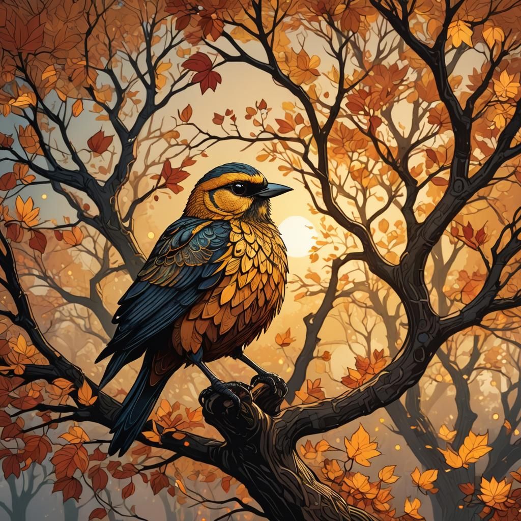 Majestic Bird on Autumn Tree, Fantasy Art