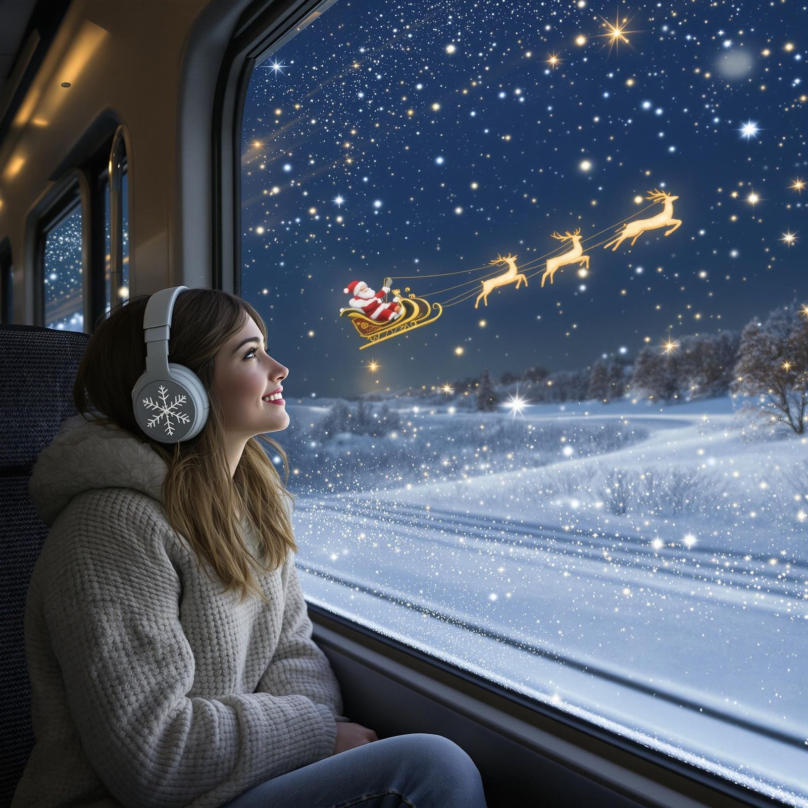 Winter Train Ride: Santa Sighting in Snowy Landscape
