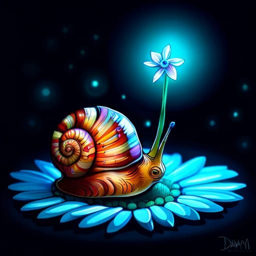 Cute Luminous Snail on Glowing Flower, Pixar Style