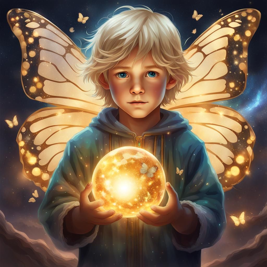 Boy with Butterfly Wings Holding the Universe