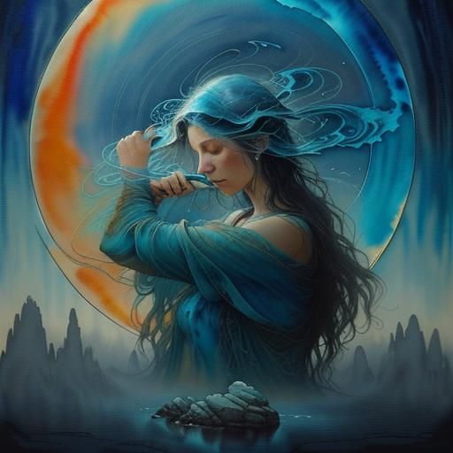 Abstract Watercolor: Invisible Fish in Ghost Ocean