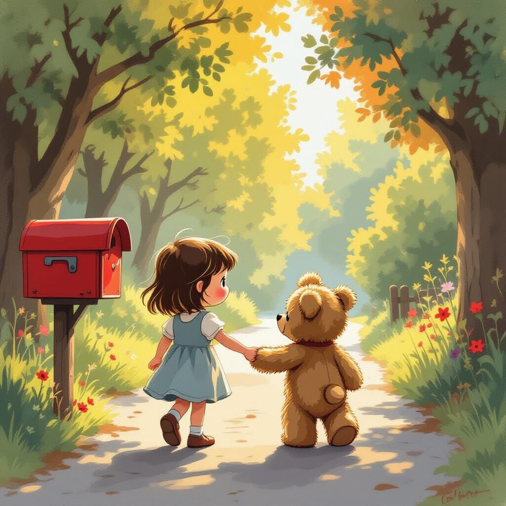 Girl and Teddy Bear Walk to Mailbox in Storybook Style