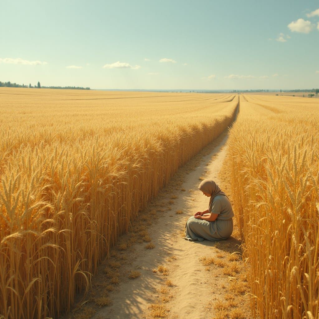 Woman Gathers Wheat in Vast Field, Concept Art Style