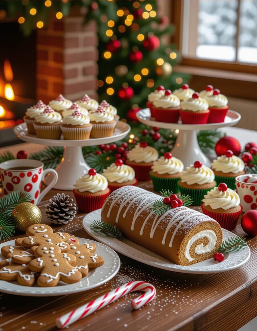 Festive Christmas Dessert Spread with Gingerbread and Yule L...