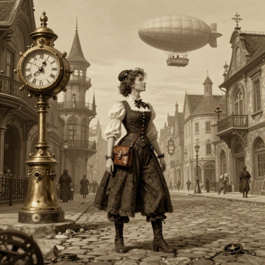 Steampunk Adventurer on Victorian Cobblestone Street