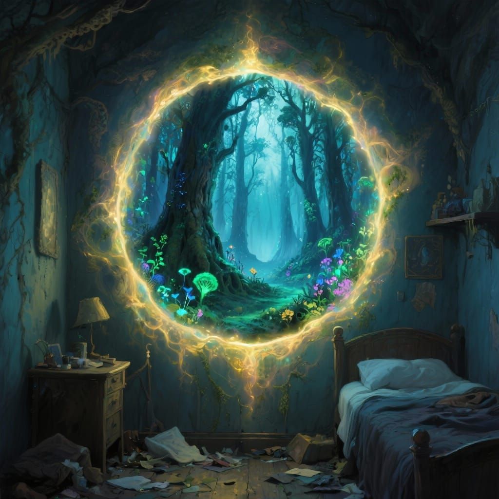 Mythical Forest Portal in Messy Bedroom Digital Painting