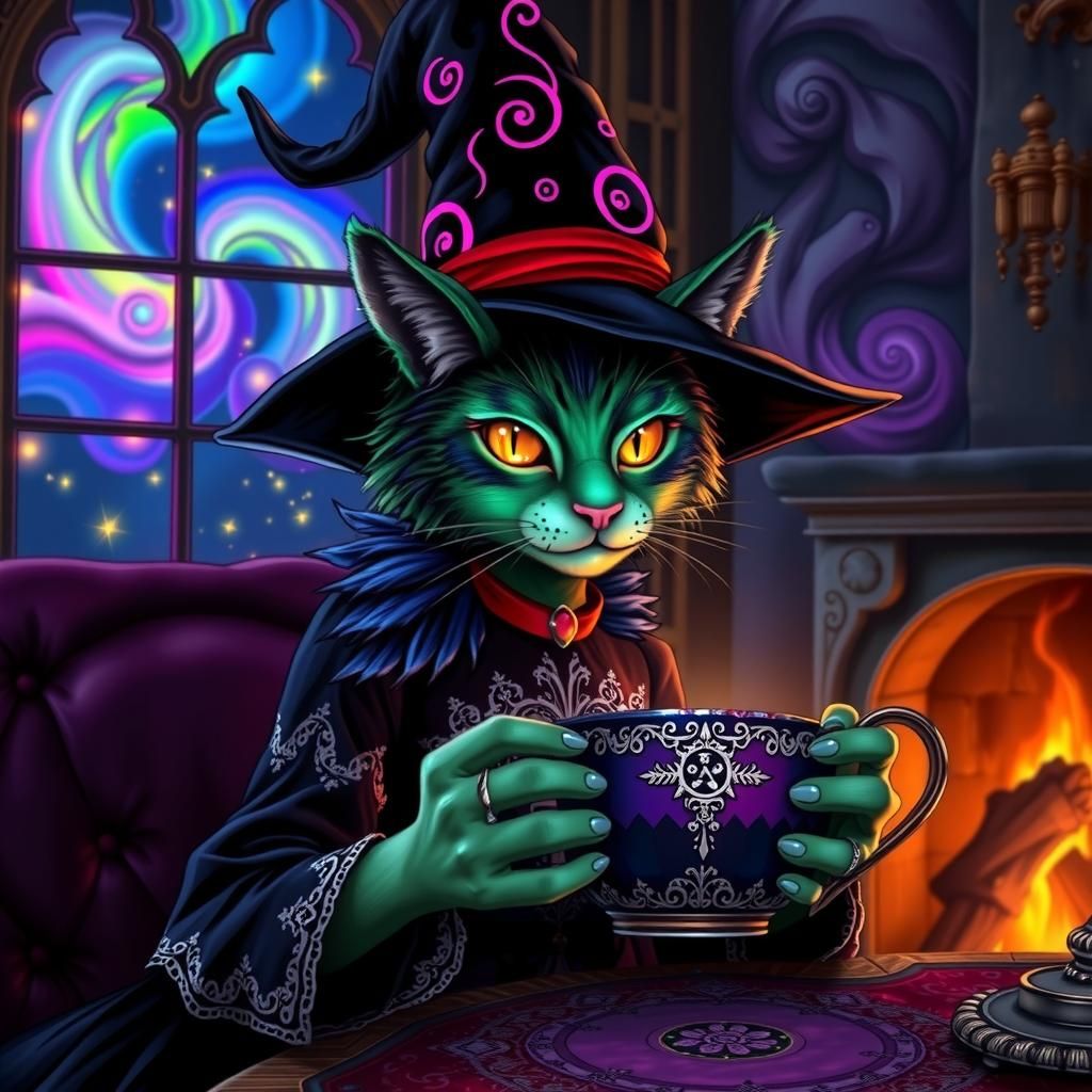 Neon Cat Witch Teatime in Psychedelic Astral Style