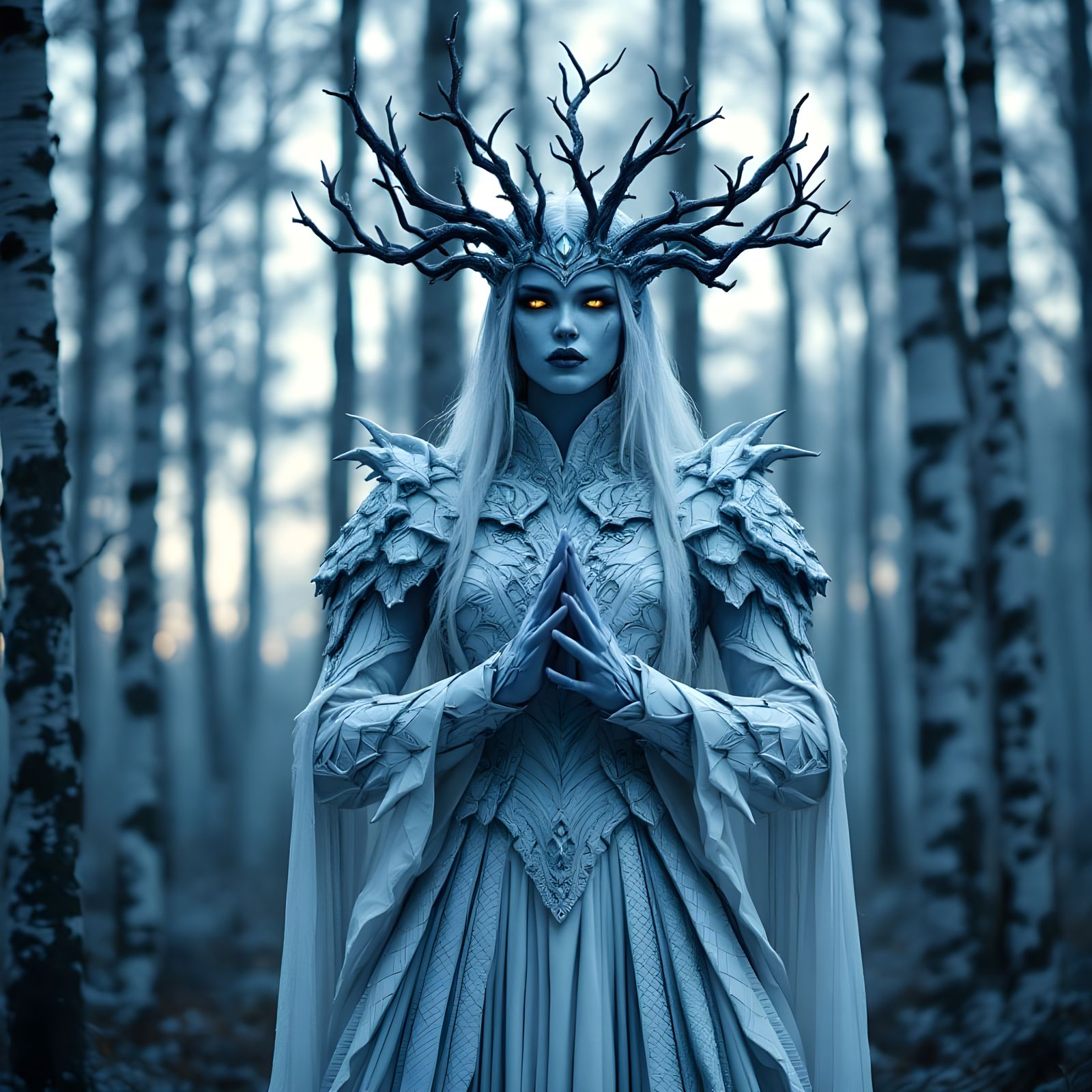 Eerie Ice King in Snowy Birch Forest at Twilight