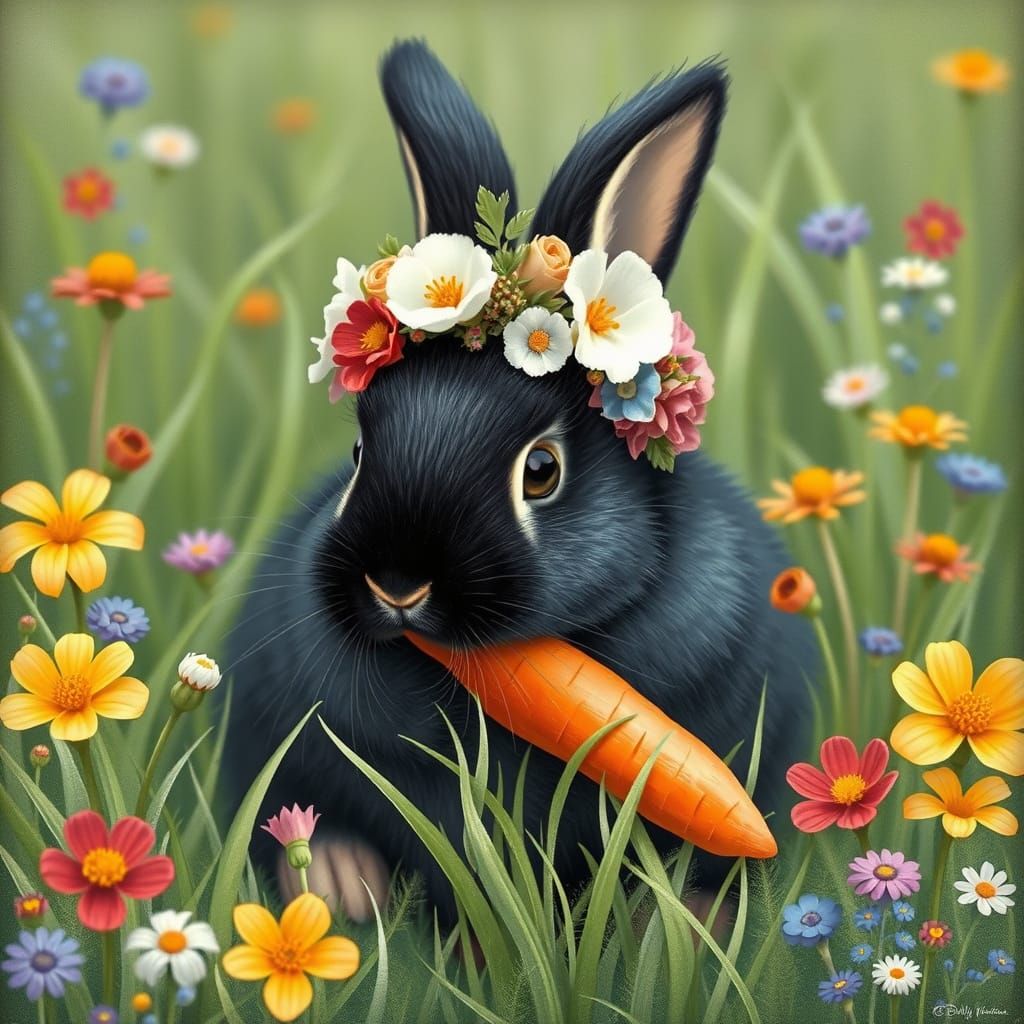 Whimsical Bunny in Floral Crown Munches on Carrot