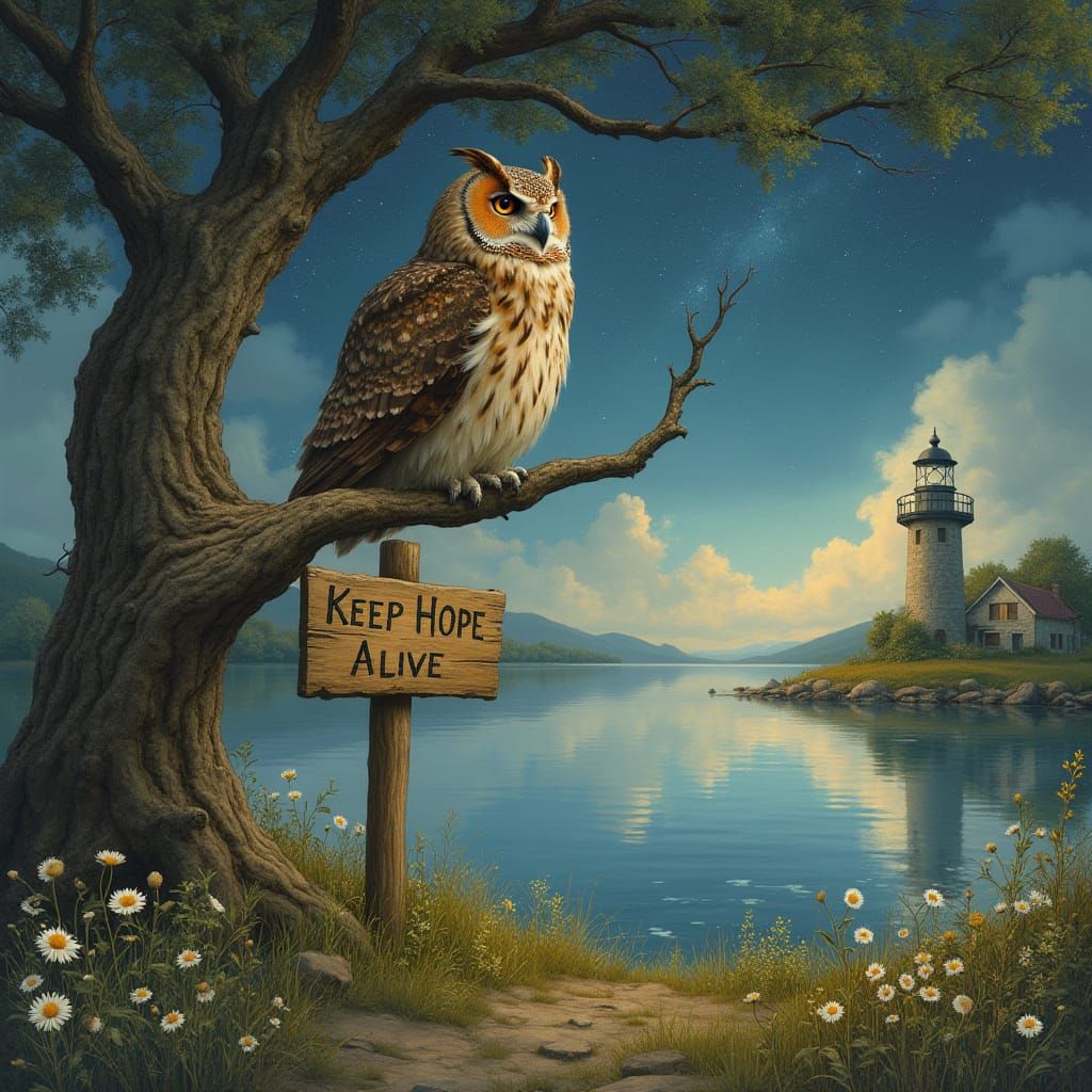Owl Overlooking Lake in Mystical Realism Style