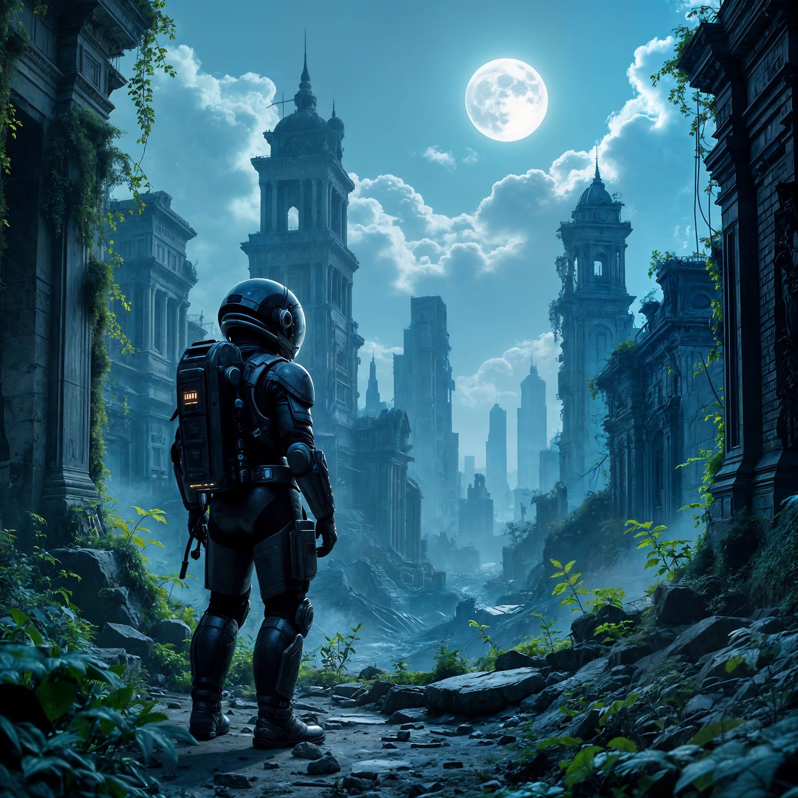Cosmonaut Explores Overgrown Alien City in Digital Matte Pai...