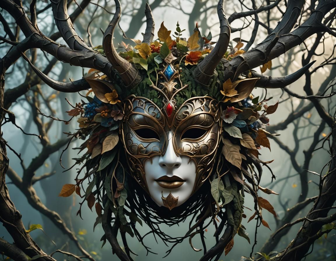 Mystical Mask of Branches and Flowers