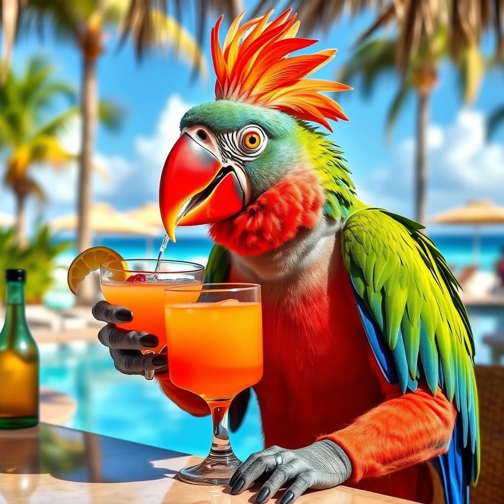 Vibrant Tropical Poolside Scene in a Campy Art Style