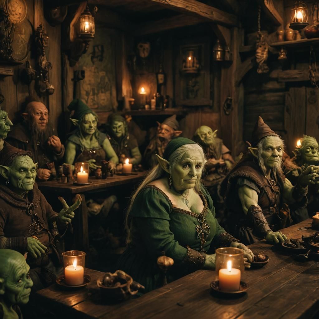 Hyperrealistic photograph of a wrinkled, fat, dark, chibi style old green skinned elf lady, in an antique tavern surroun...