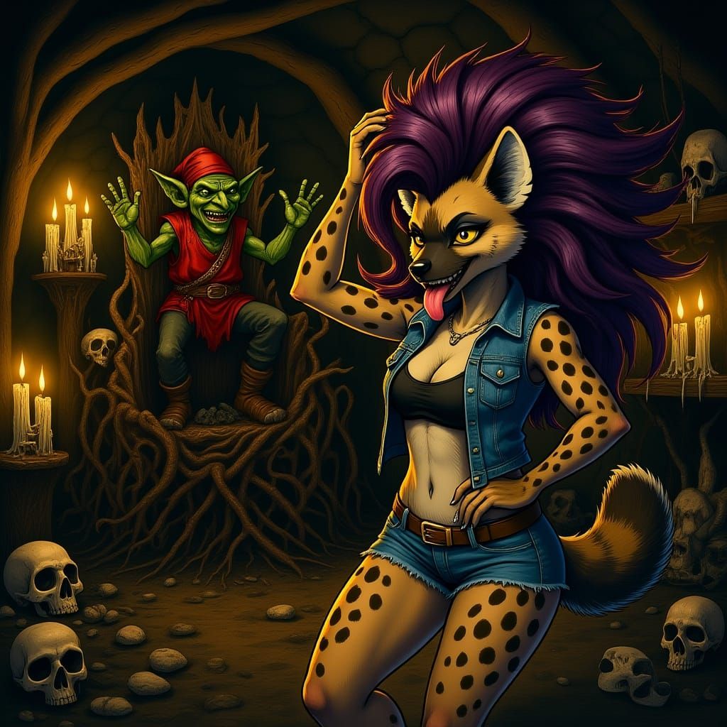 Goblin Lair: Hyena Dances in Ink and Watercolor Style