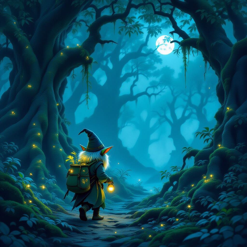 Goblin in Magical Forest with Glowing Herbs
