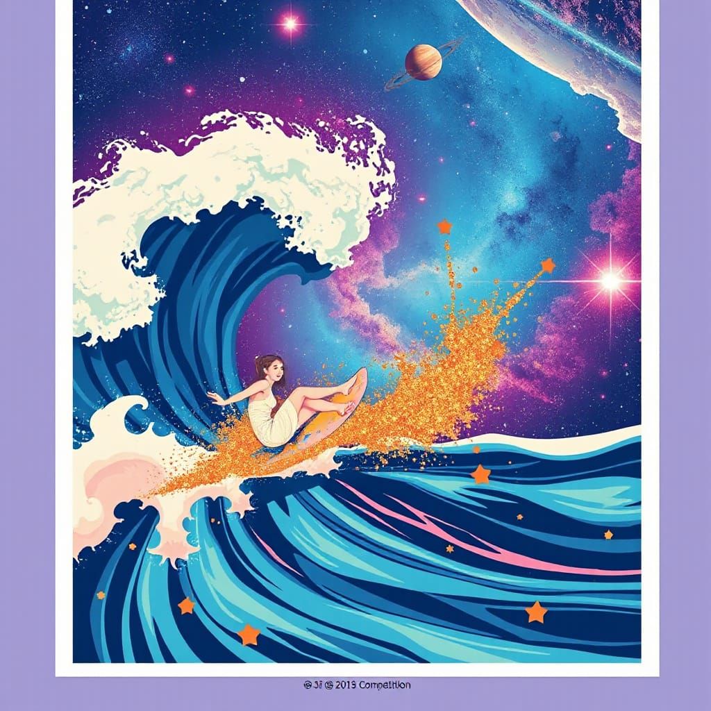 Cosmic Surfer Girl Rides Stardust Wave in Vibrant Galaxy