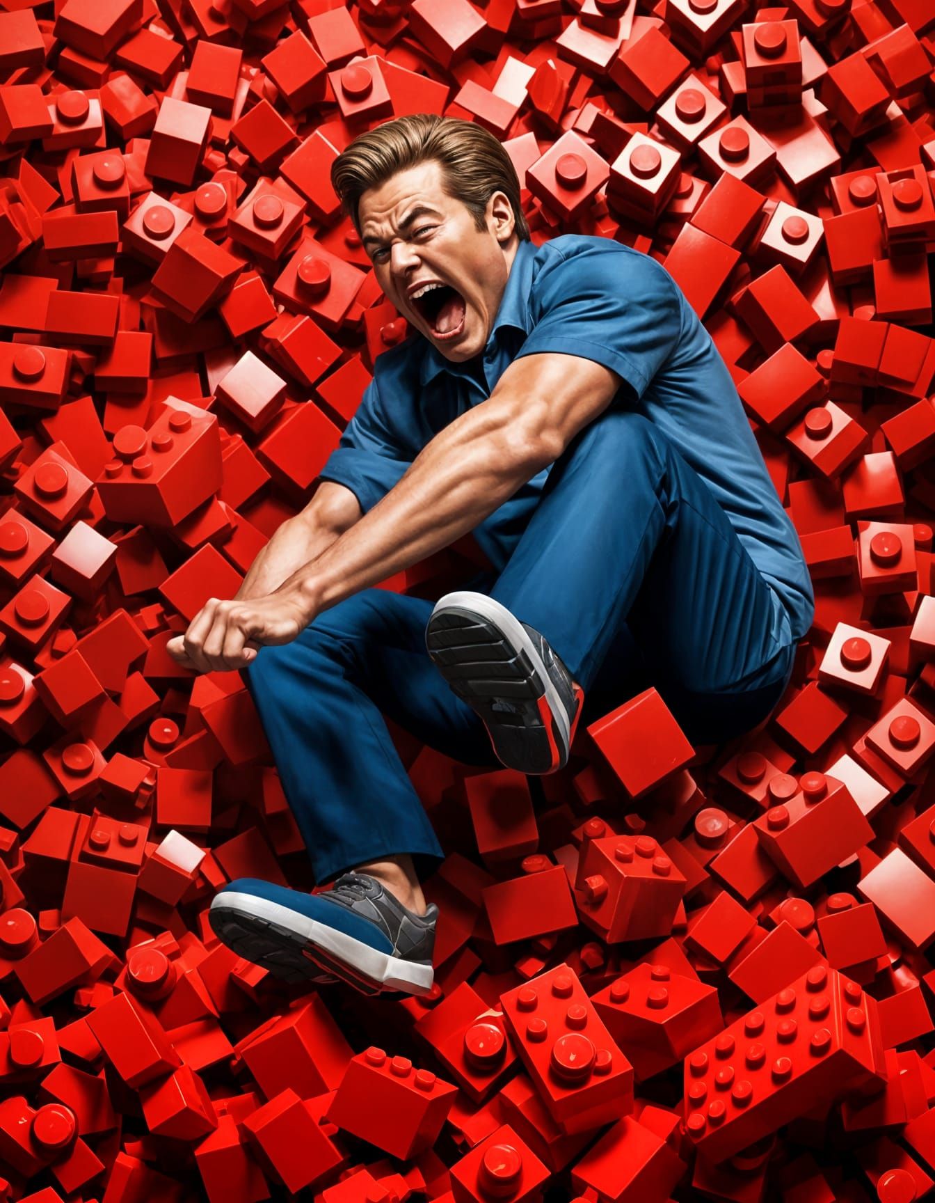 Man's Agony Stepping on LEGO Brick: Hyperrealistic Art