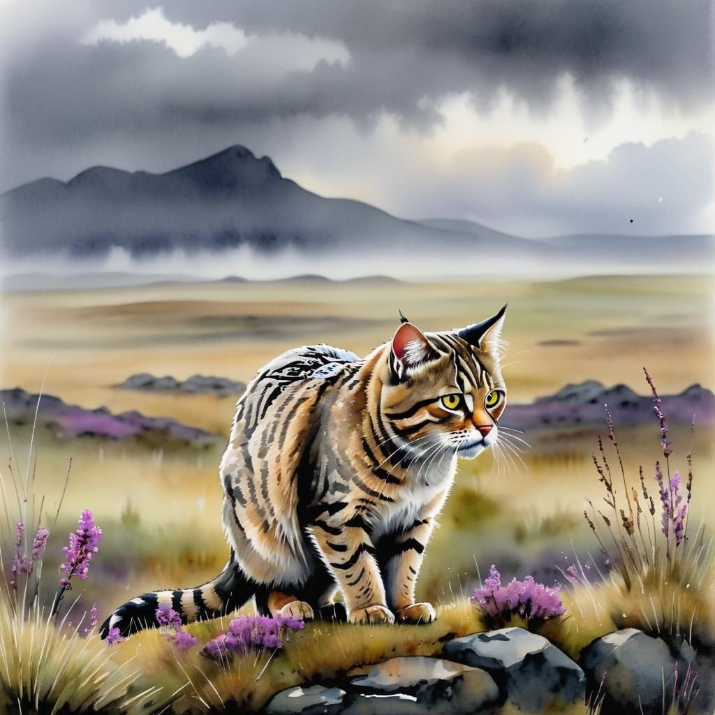 Scottish Wildcat in Highlands: Watercolor and Ink