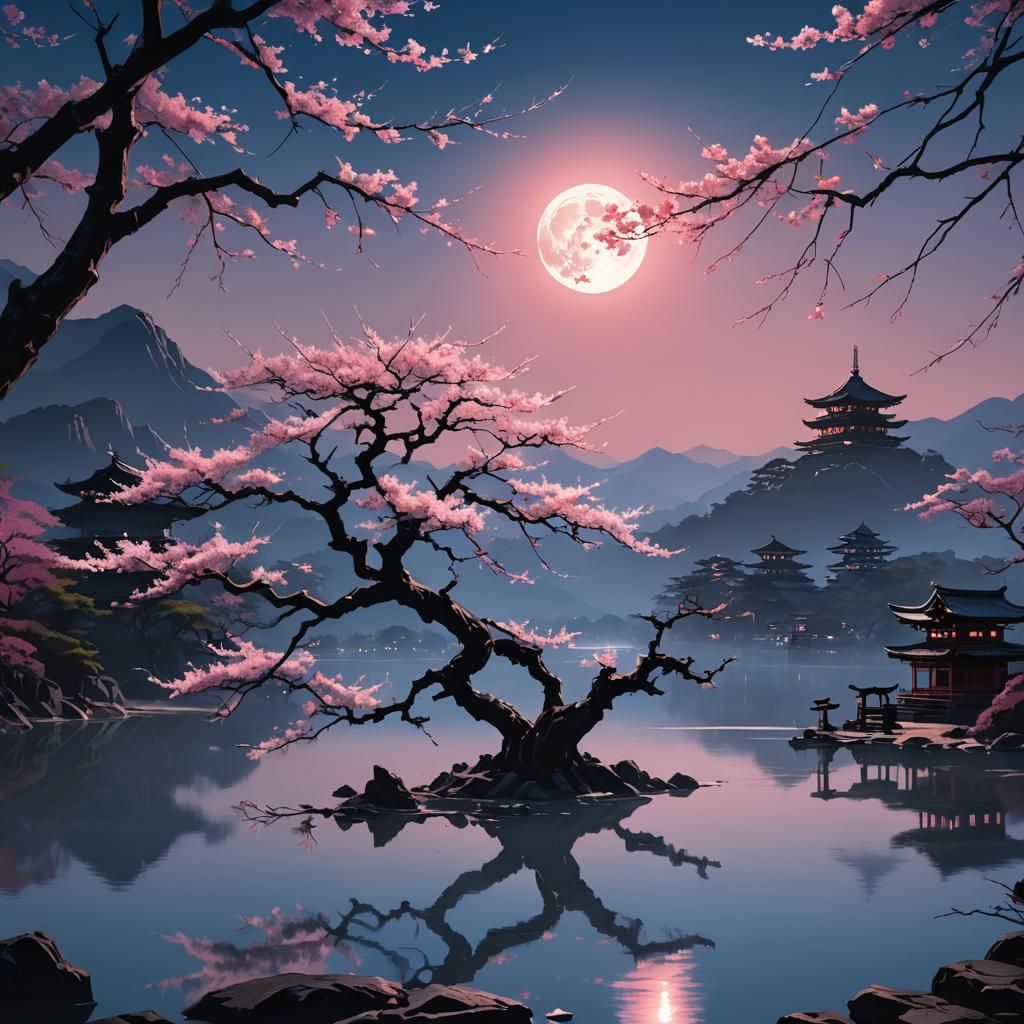 Sakura Tree Under Moonlight: Japanese Concept Art