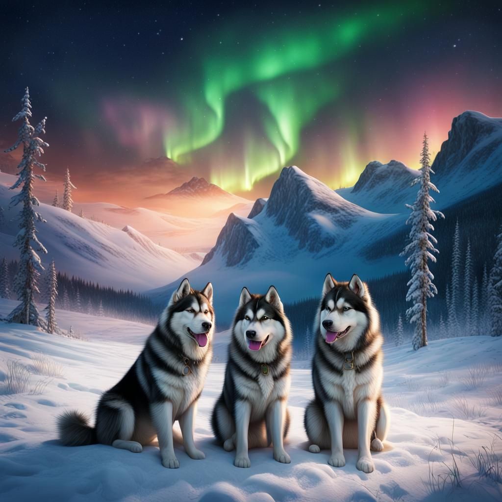 Alaskan Malamutes Under Northern Lights: Digital Painting
