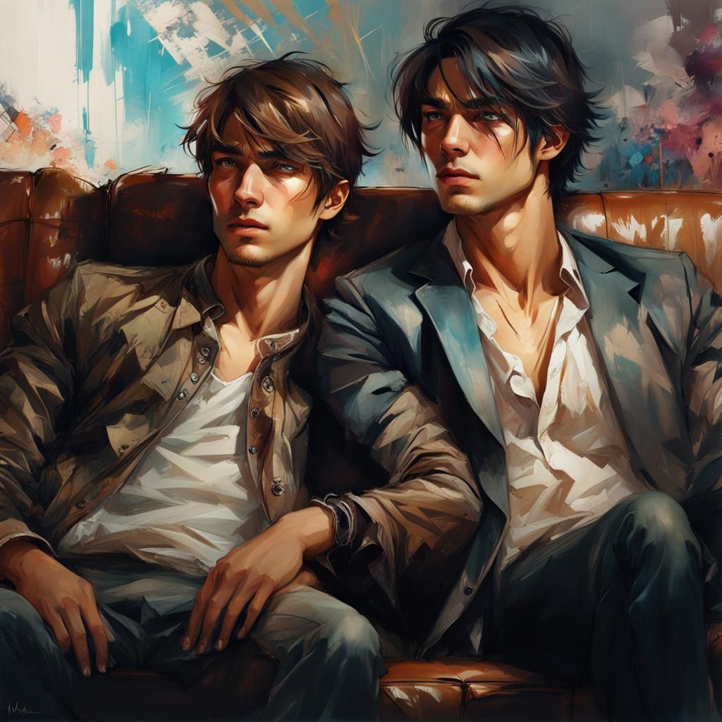 Two Young Men Leaning: Stylized Portrait