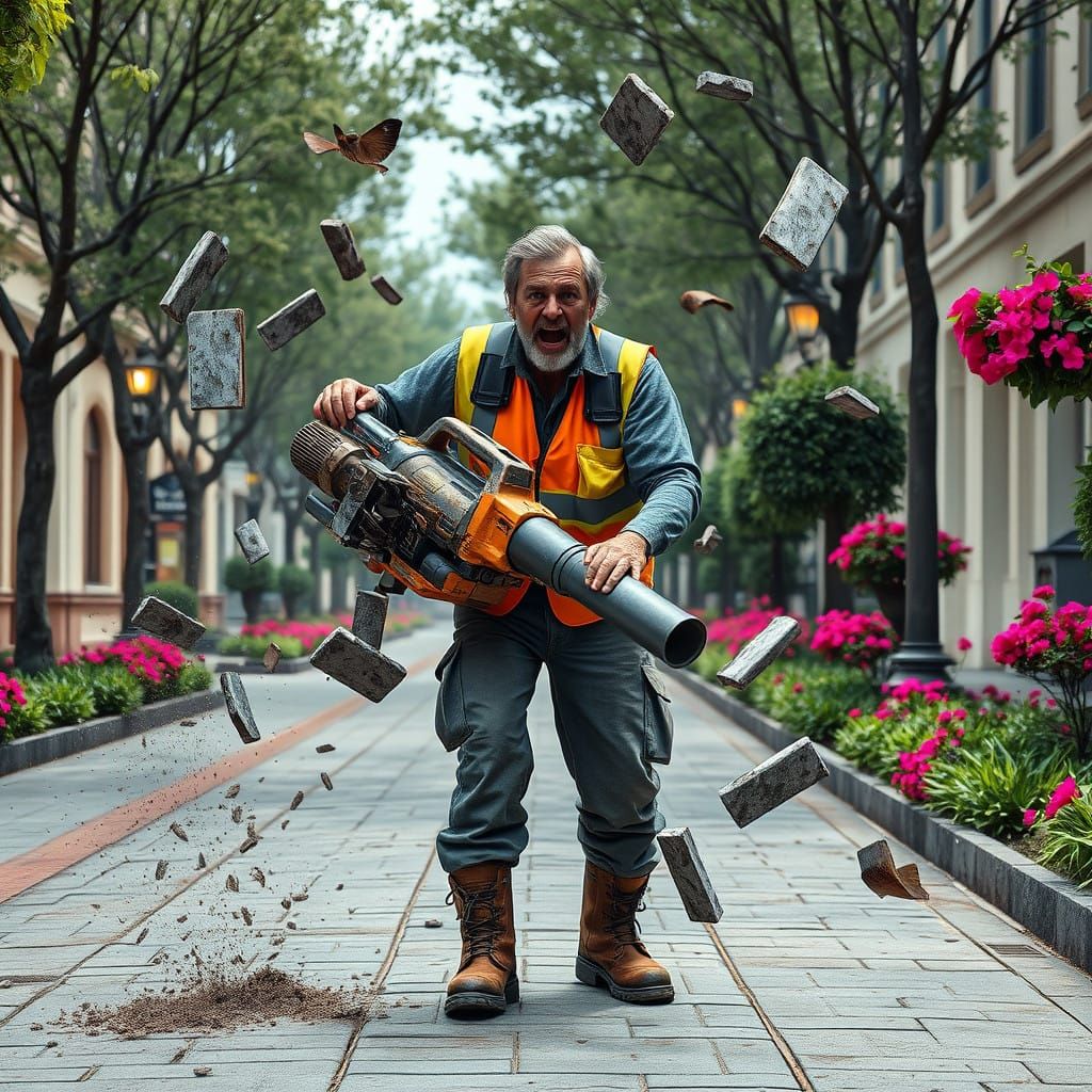 Municipal Worker Battles Uncontrollable Blower on Deserted S...