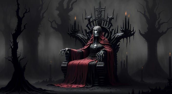 Dark Fantasy Queen in Crimson Velvet Robes Surrounded by Fli...