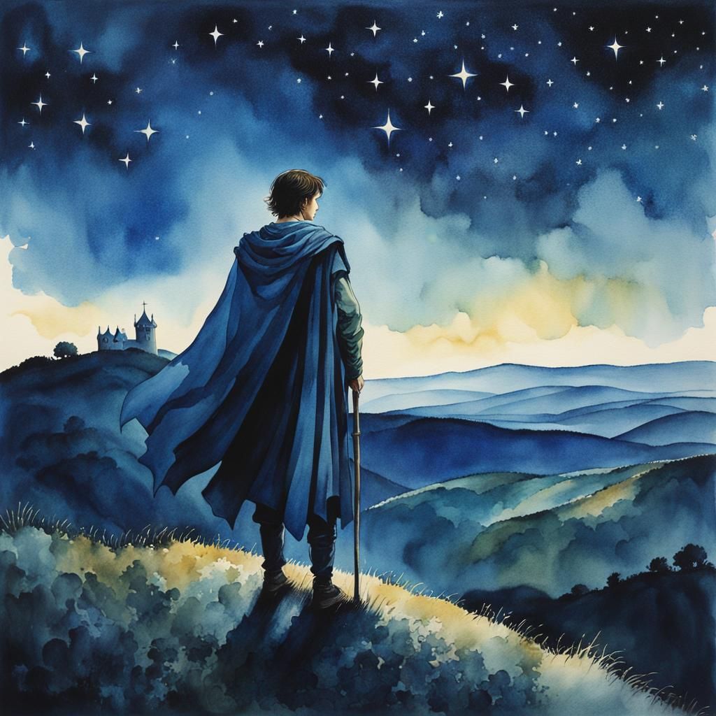 Medieval Watercolor: Dejected Man Under Starlit Sky