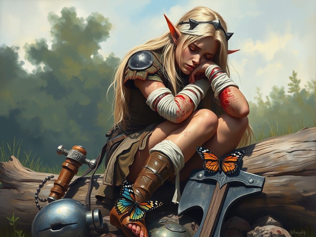 Tenebrism Oil Painting of Weary Female Elf Warrior