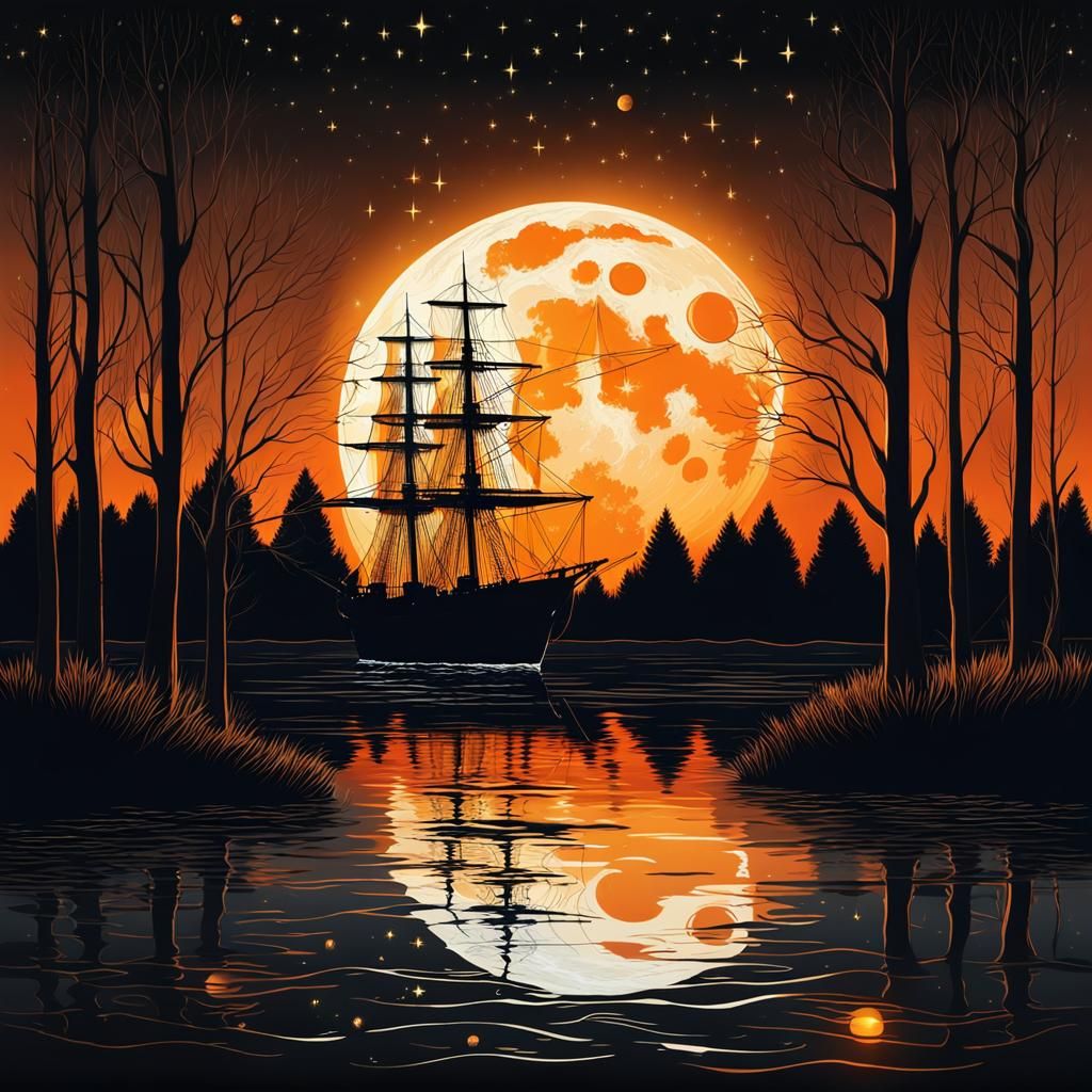 Orange Moon Night Landscape with Luminous Ship