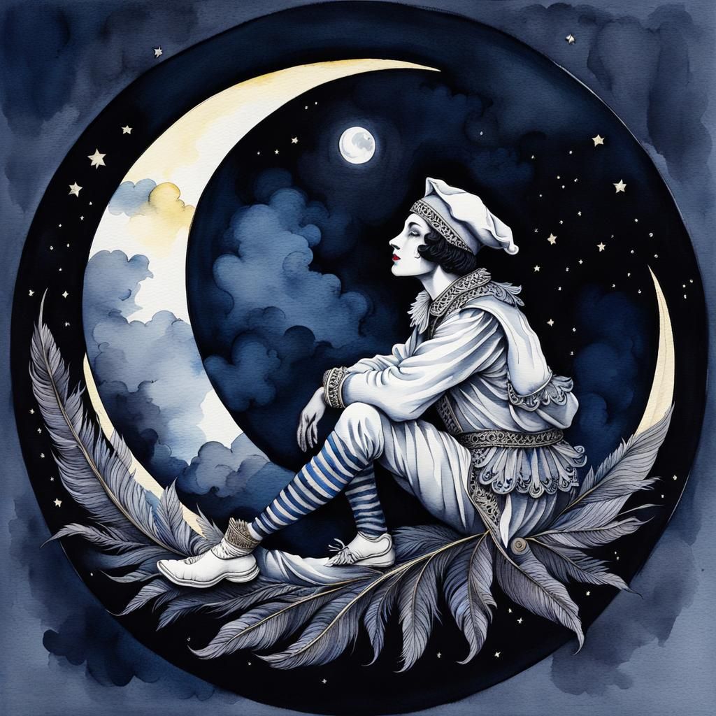Pierrot on the Moon: Watercolor Ink Drawing