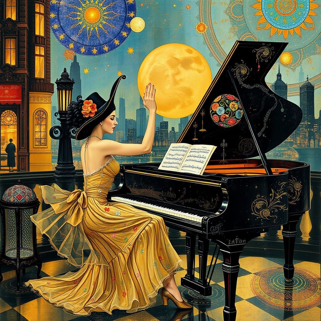 Surreal Flapper Plays Piano in Iridescent Cityscape