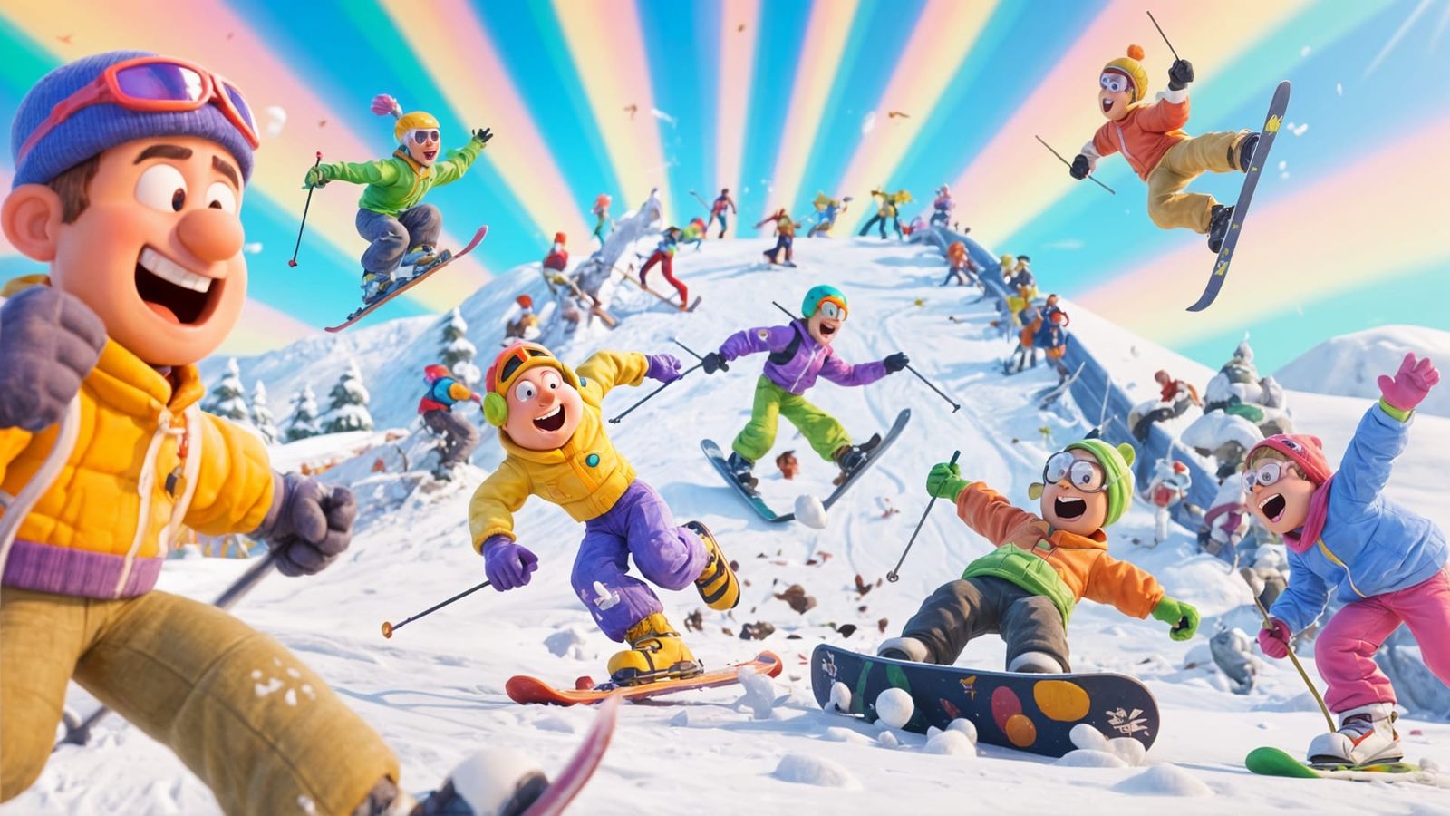 Humorous Ski Slope Scene in Comic Style