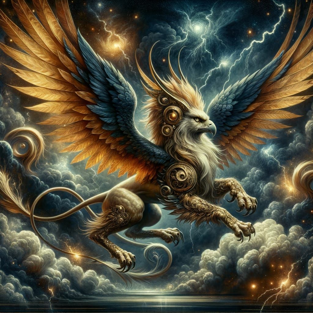 Majestic Griffin Soaring in Tempestuous Sky as Romantic Art